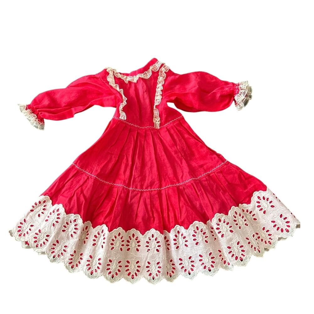 Vtg Red Doll Linen Dress, Prairie Western Victorian 30’/40’s most 16’-18’ Dolls